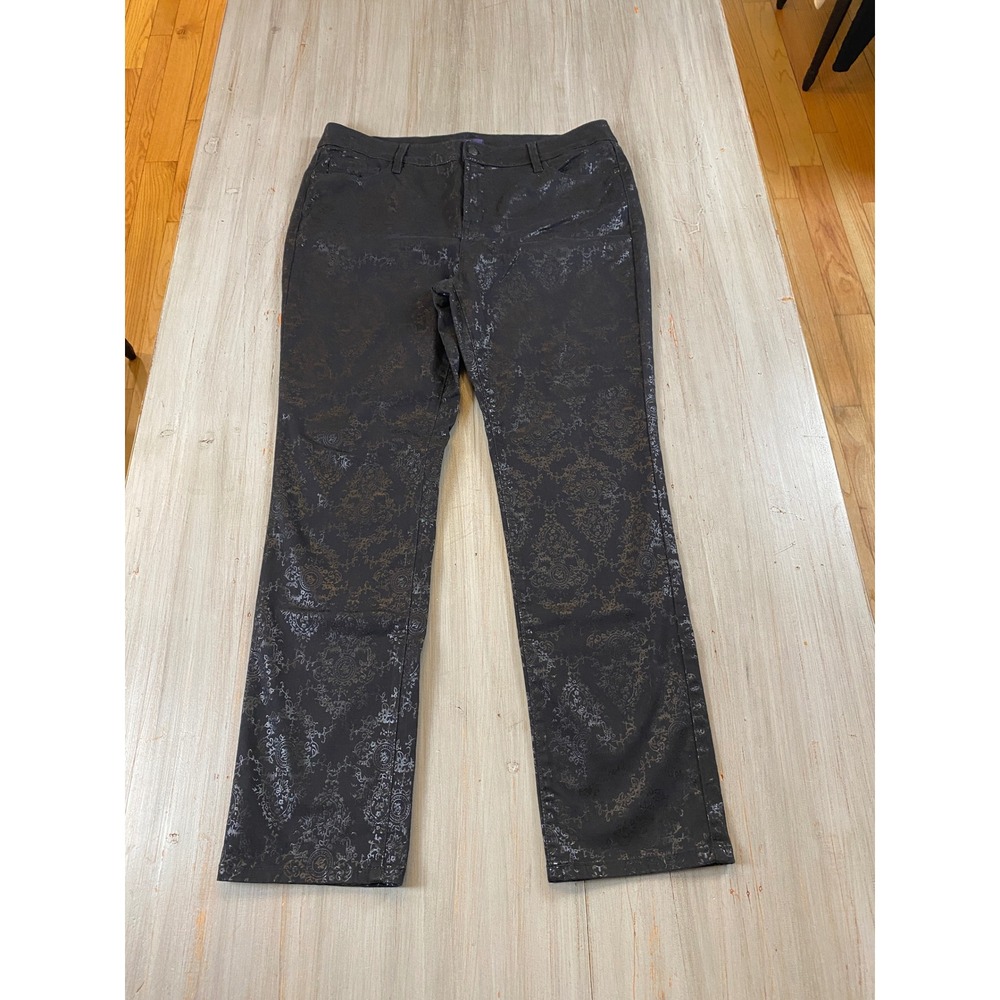 037 - NYDJ Black Silver Damask Foil Print Skinny Pants Lift Tuck Size 16